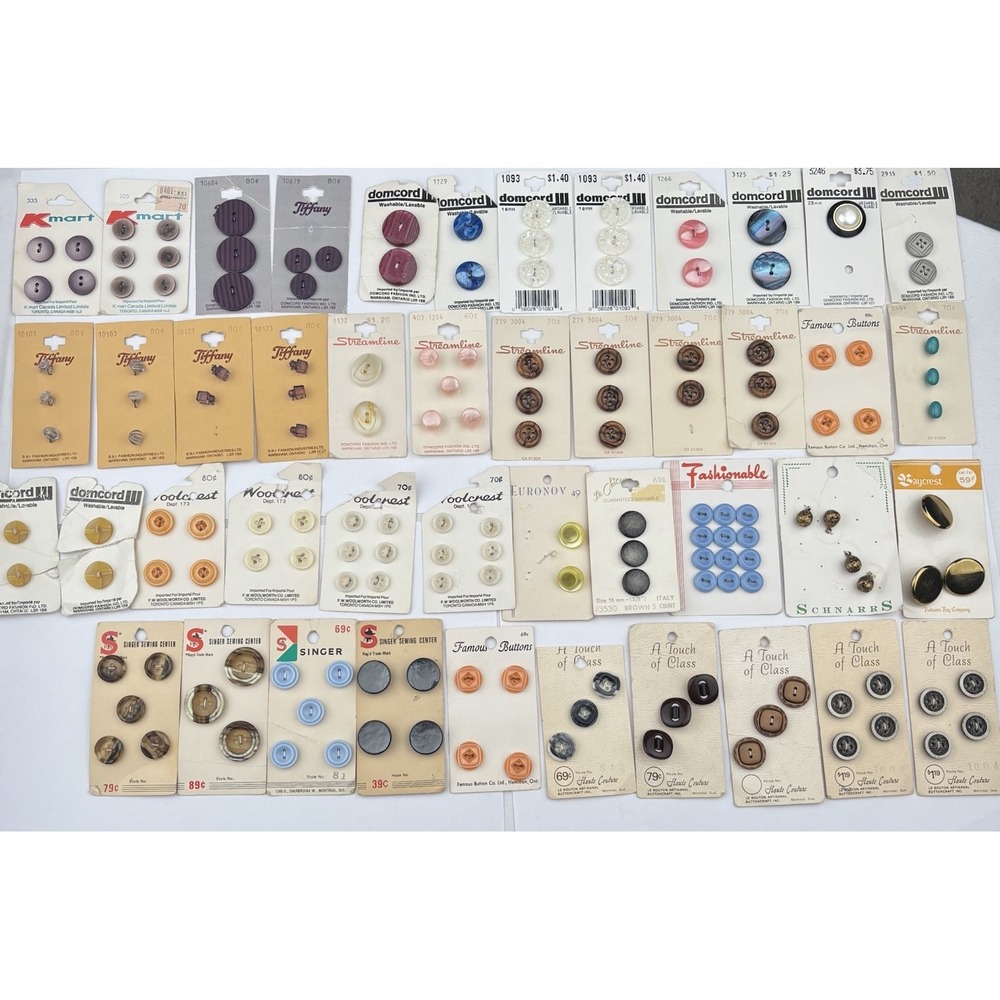 Vintage Button Cards Lot – NOS 1960s–80s Kmart Singer Domcord Tiffany Canada 35+